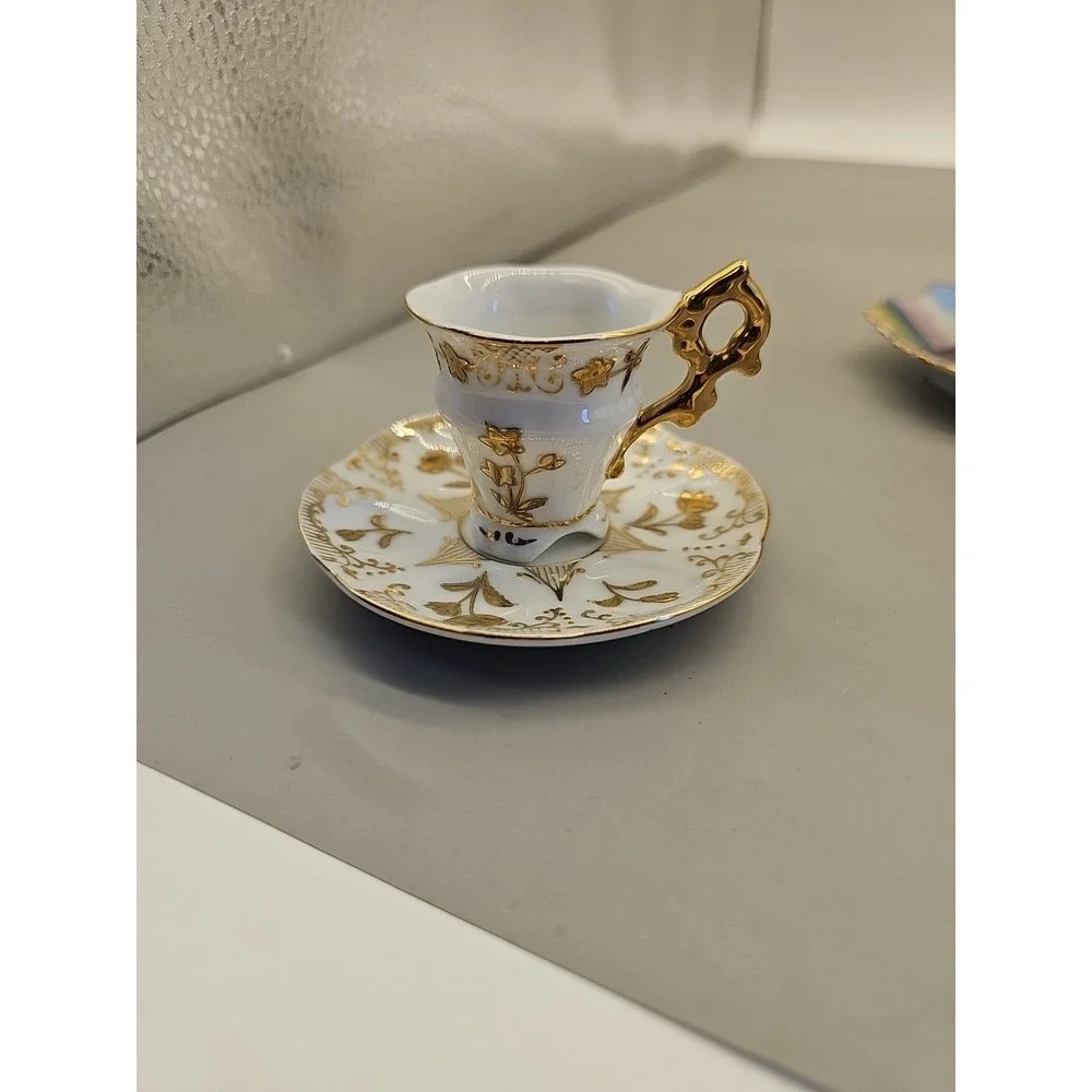 Vtg Souvenir Bone China Miniature Tea Cup &‎ Saucer, Gold on White Floral